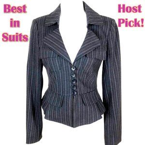 NANETTE LEPORE Jacket Blazer Short Fitted Pinstripe Gray Grey 2